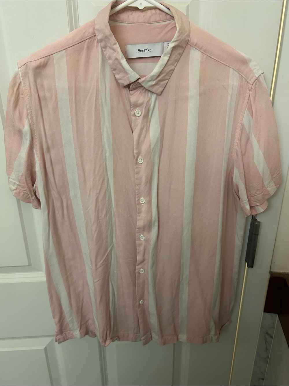 Bershka Pale Pink and White Vertical Stripe Button-Up Shirt